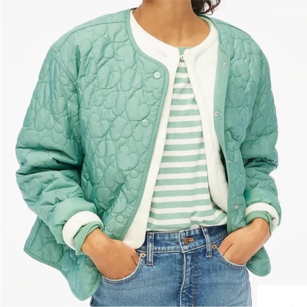 J. Crew Quilted Heart Snap Button Jacket Lightweight Coat Teal Green